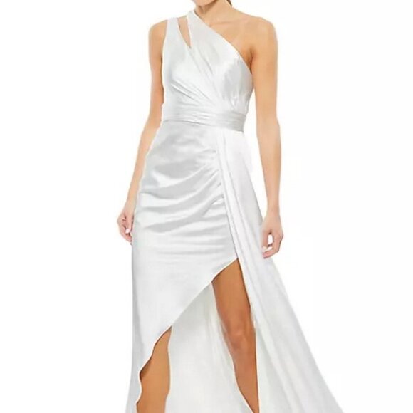 Ieena Mac Duggal White One-Shoulder Faux Wrap Satin Gown - Picture 1 of 5